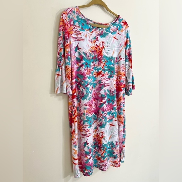 ALEXANDRA+OAK NWT Pink Coral Combo Printed Shift Dress 3/4 Gentle Bell Sleeve XL - Picture 3 of 11
